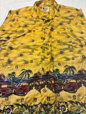 m.E. Sport Vintage Woody Car Tropical Hawaiian Rayon Shirt Size M